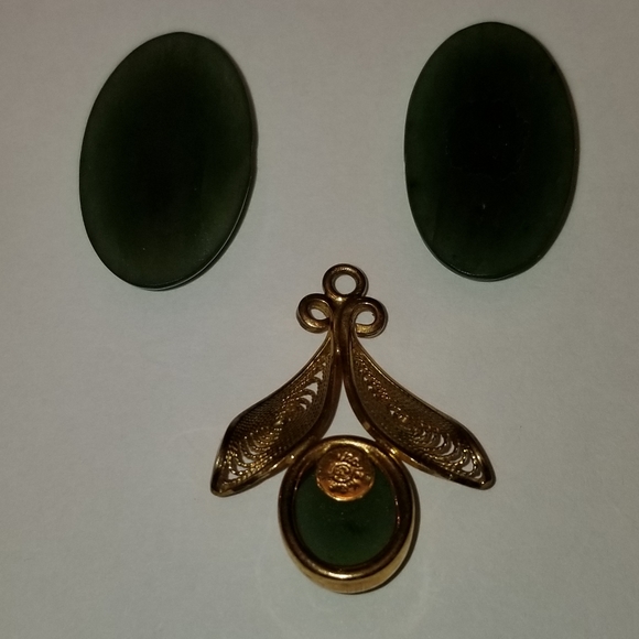 ✅#1128 Rare 3 pcs Oval Cabochon Green Jade Pendant - Picture 4 of 8